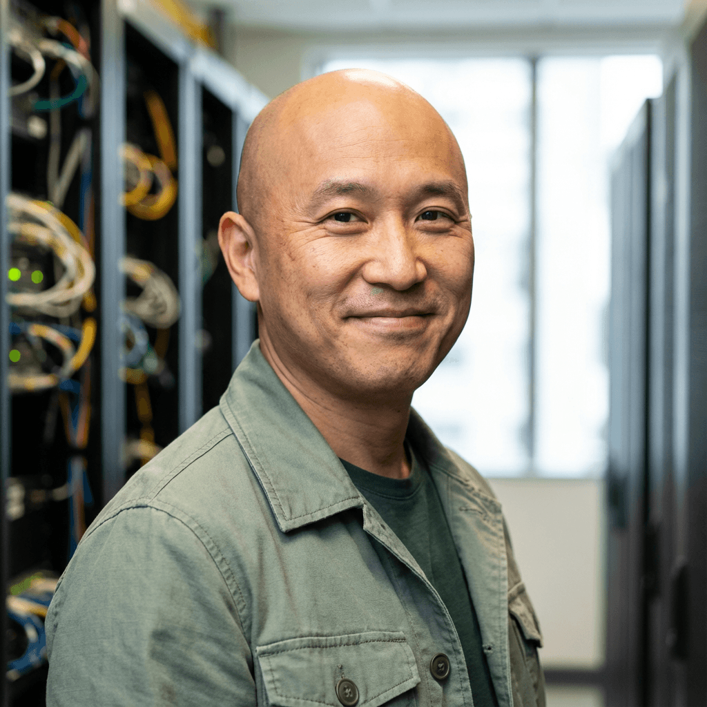 Michael Chen in a navy suit in an office