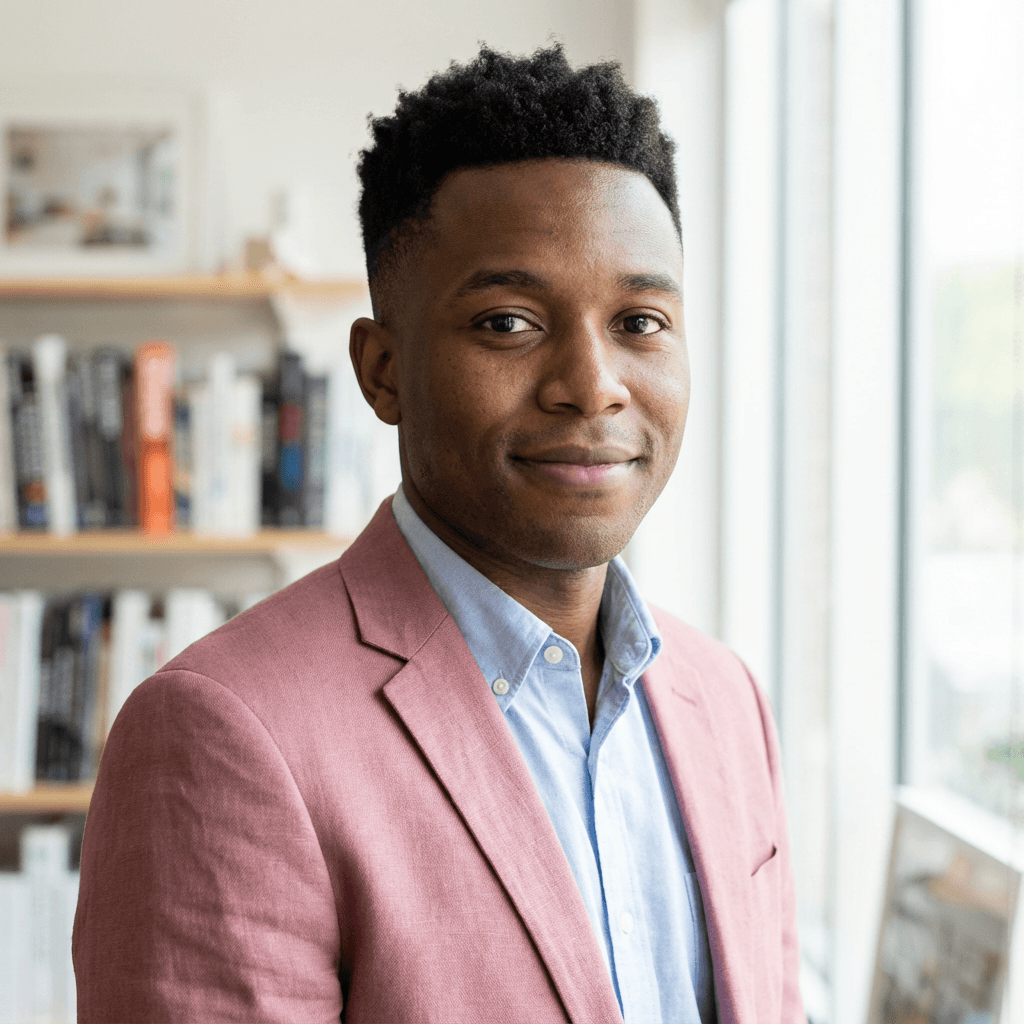 David Okafor in a smart casual shirt in a modern setting