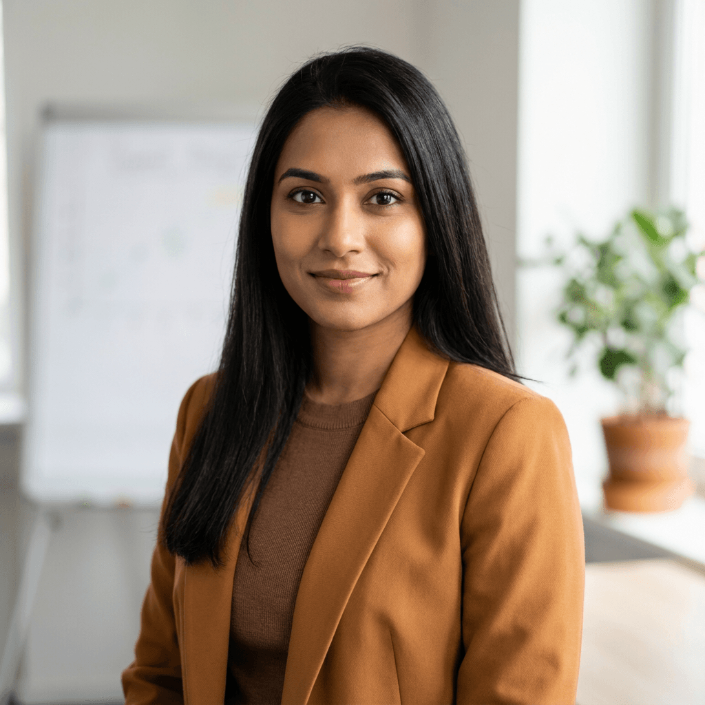 Priya Sharma in a blazer in an office