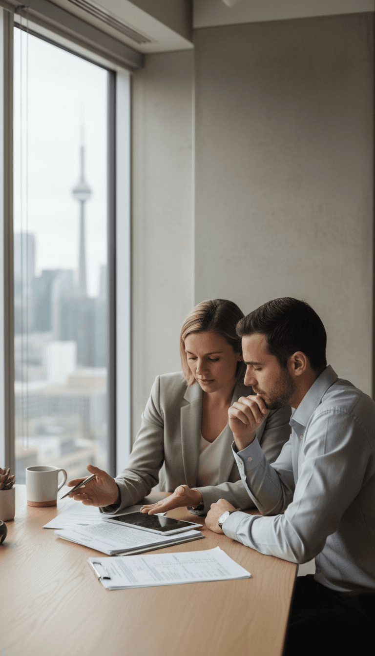 Financial advisor reviewing documents with a client in a Toronto office