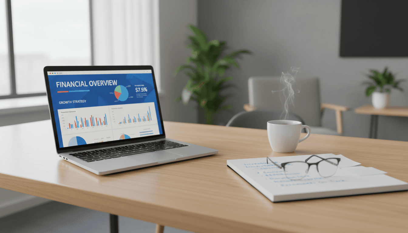 Financial planning documents and laptop on a desk