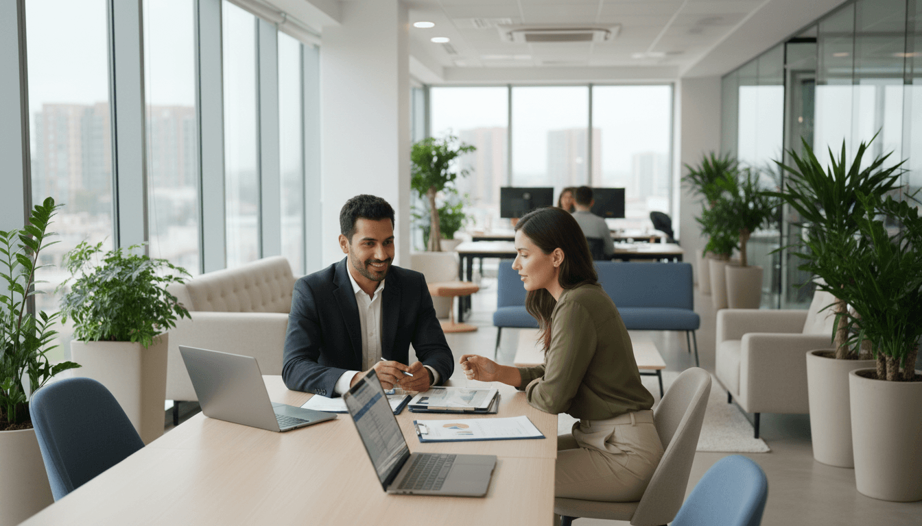 Financial advisor and client reviewing a document together in a bright office in Toronto