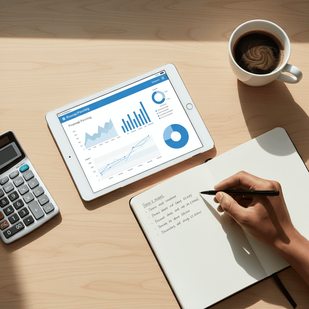 Overhead view of a financial planning workspace with notebook and calculator