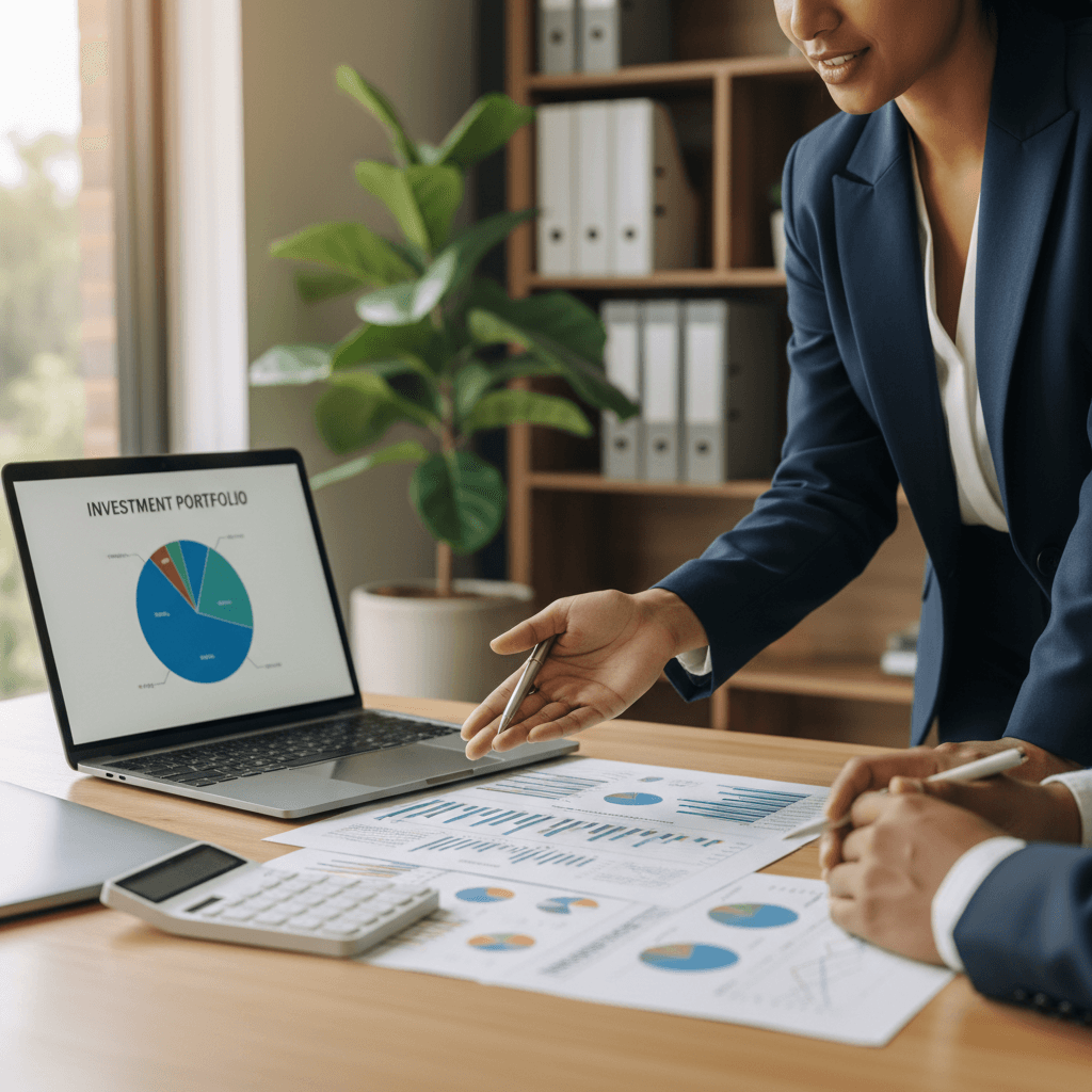 Financial advisor meeting with a client at an office desk, discussing a personalized plan