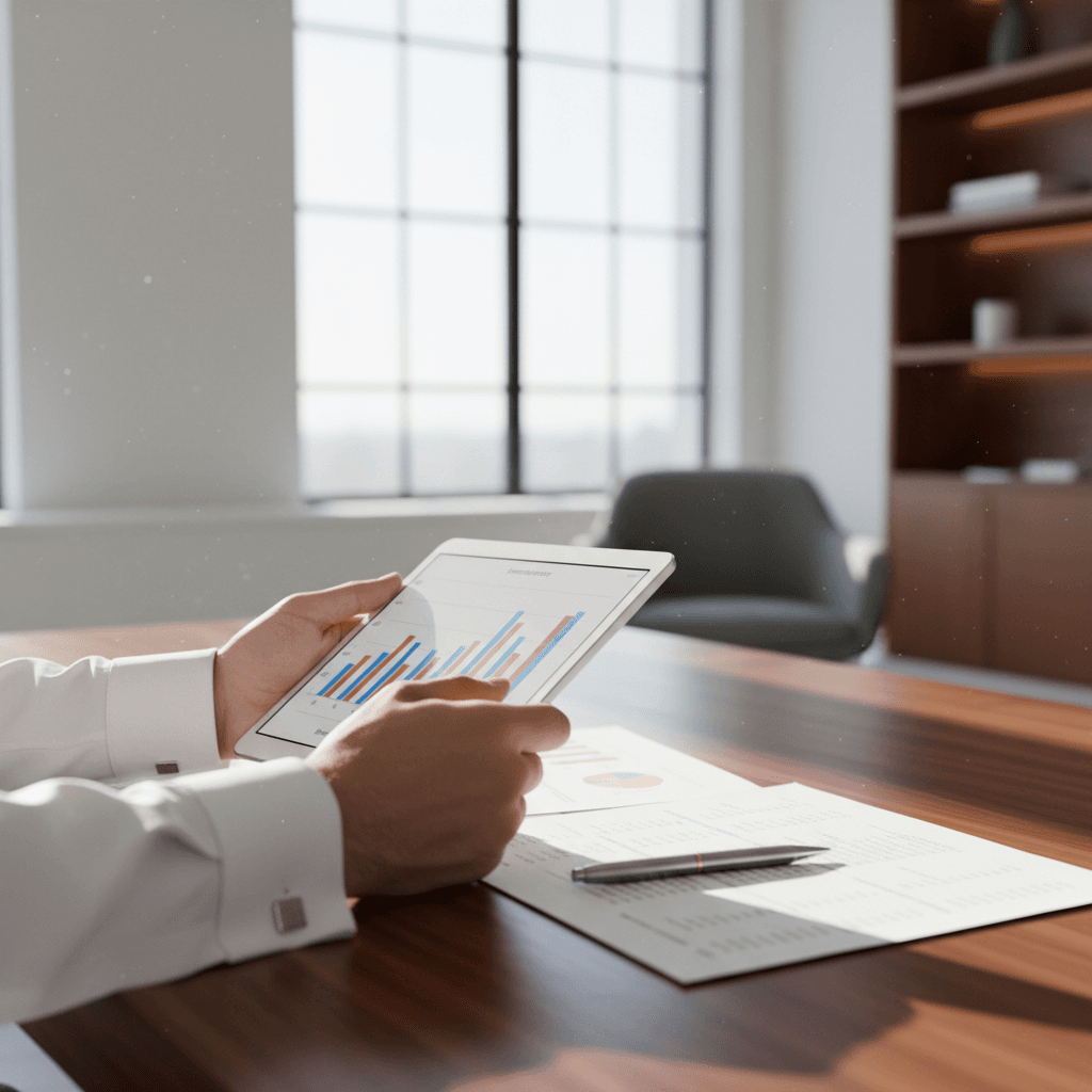 Financial planning documents and a laptop on a desk in a professional Toronto office