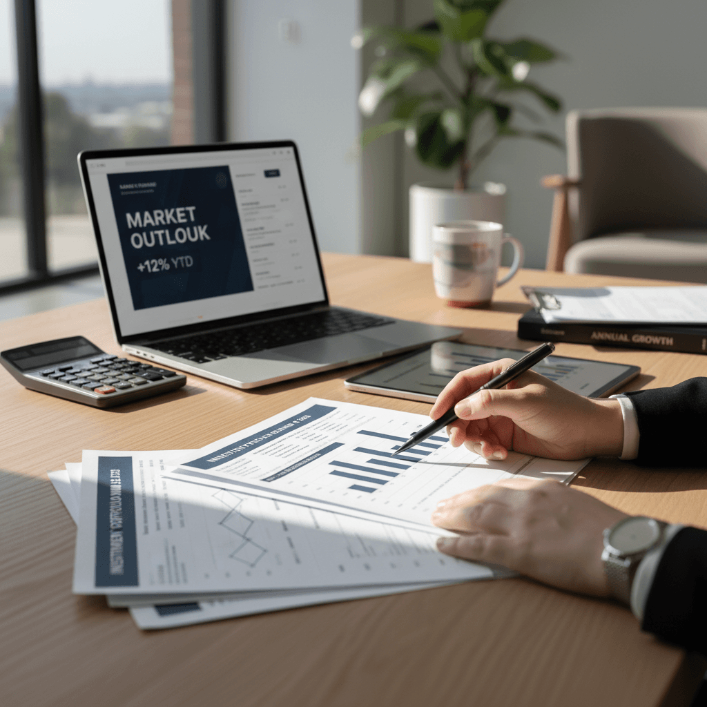 Financial advisor reviewing a printed financial plan at a desk