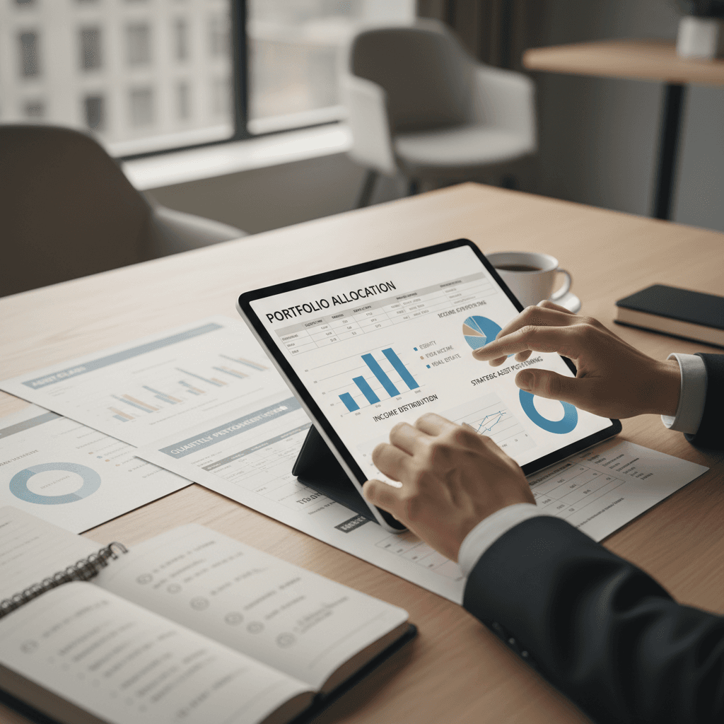Close-up of a financial portfolio report with charts, pen, and reading glasses on a desk